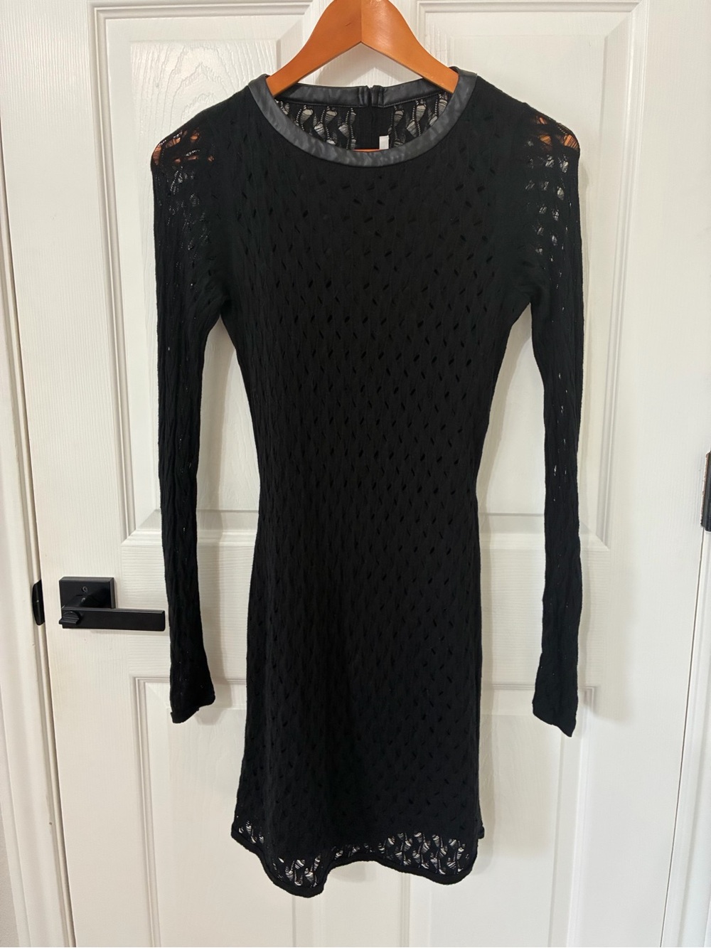 Diane Von Furstenberg Black Long-Sleeve Open Knit Dress, lined, evening, bodycon